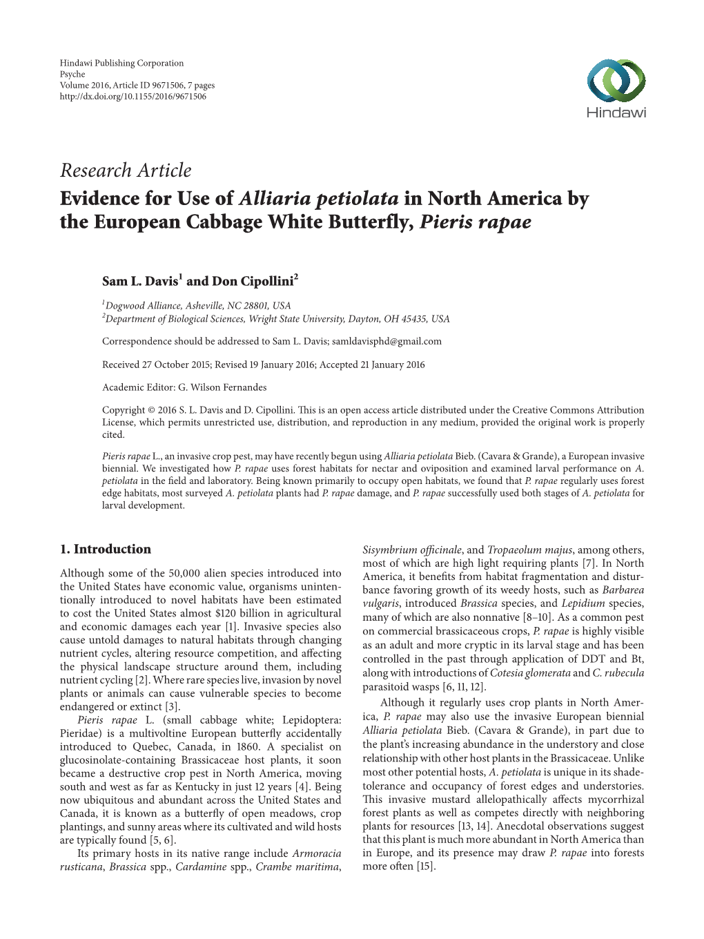 Evidence for Use of Alliaria Petiolata in North America by the European Cabbage White Butterfly, Pieris Rapae