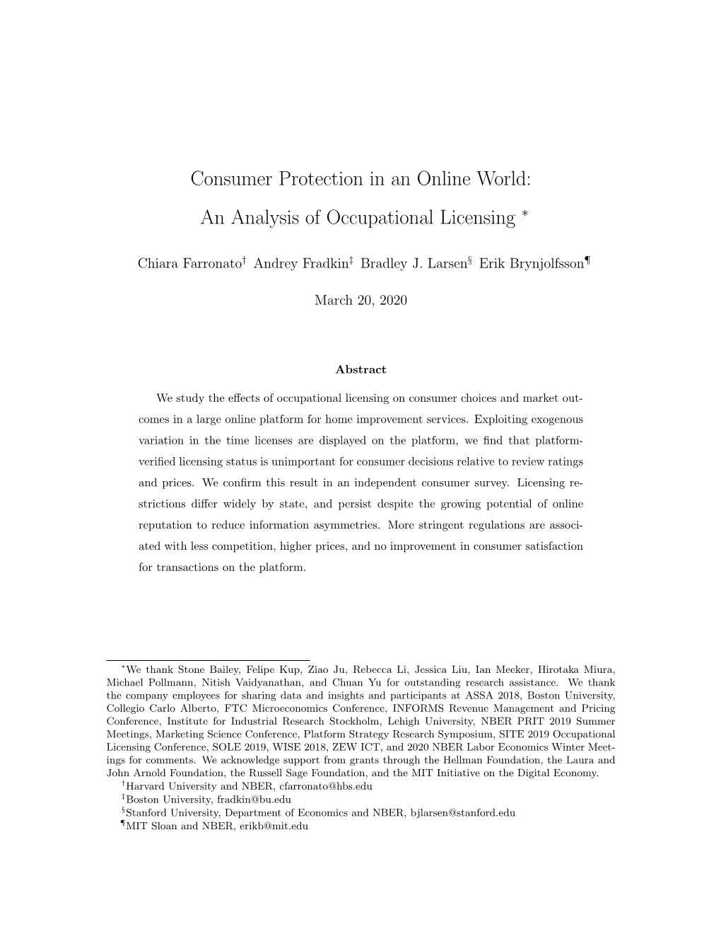 Consumer Protection in an Online World: an Analysis of Occupational Licensing ∗