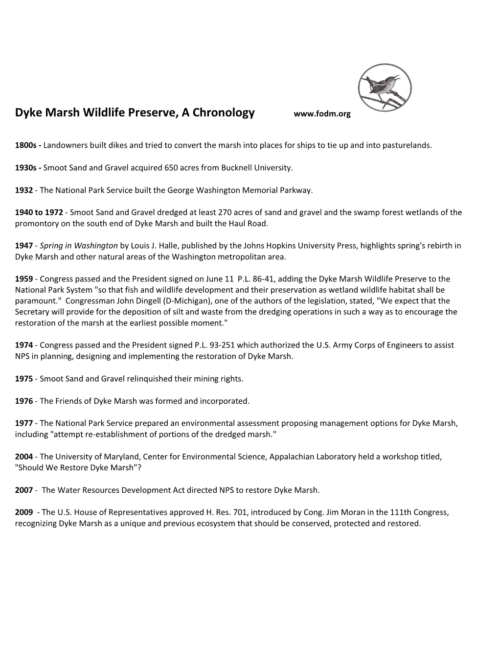 Dyke Marsh Wildlife Preserve, a Chronology