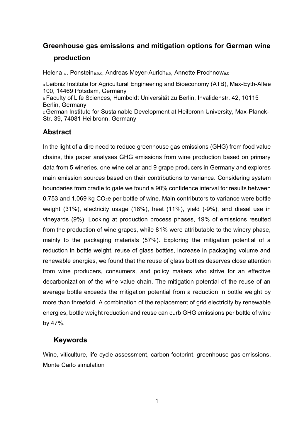 Greenhouse Gas Emissions and Mitigation Options for German Wine Production