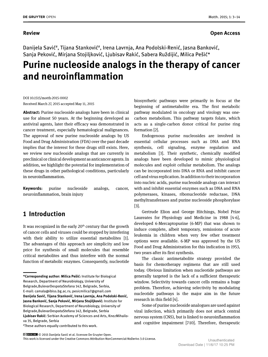 Purine Nucleoside Analogs in the Therapy of Cancer and Neuroinflammation