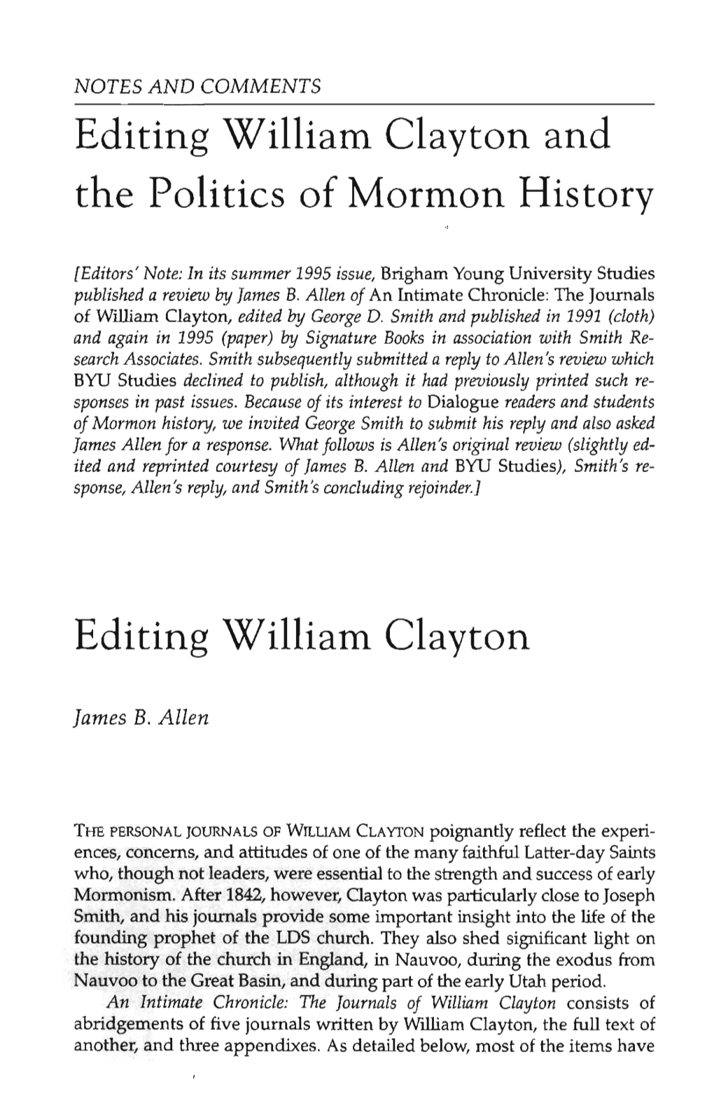 Editing William Clayton and the Politics of Mormon History