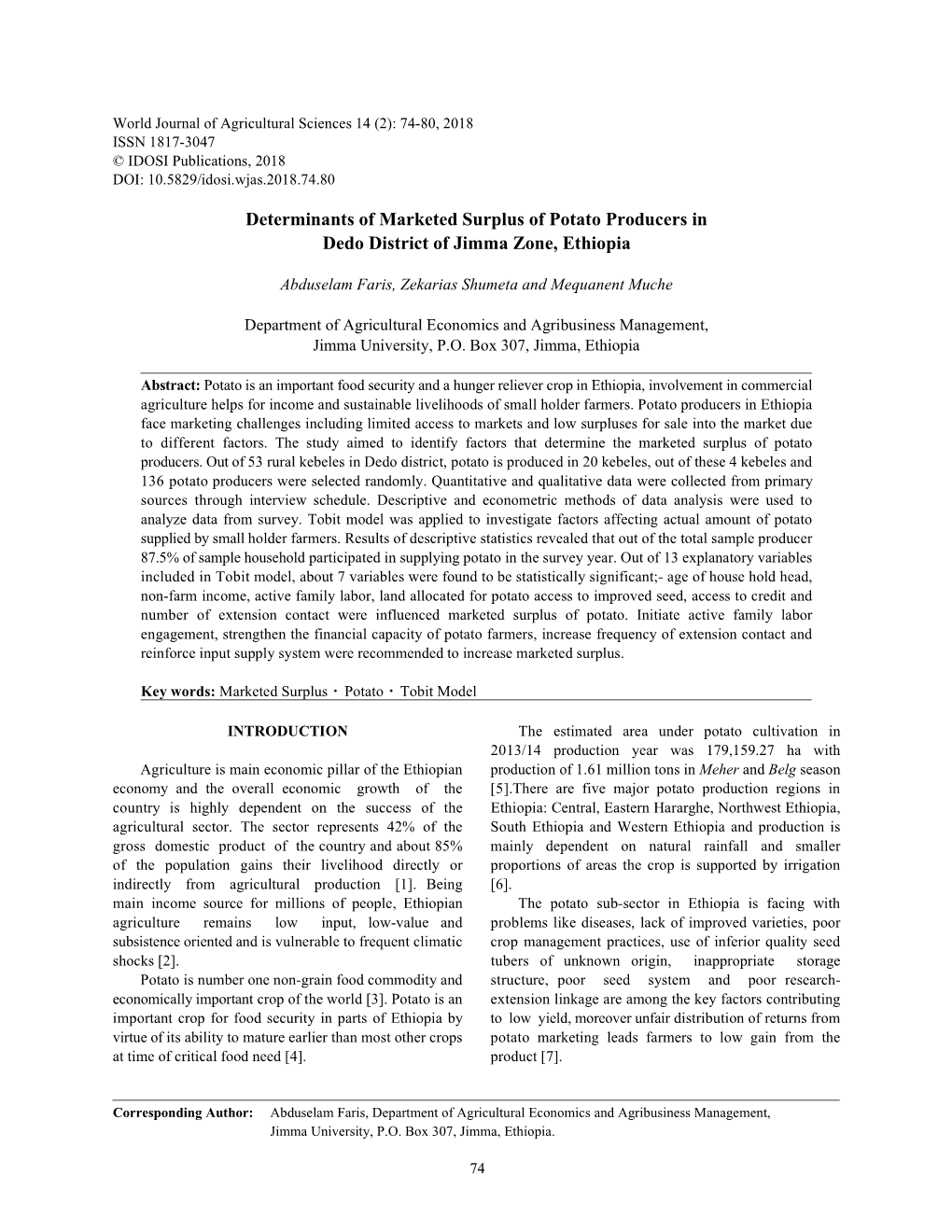 Determinants of Marketed Surplus of Potato Producers in Dedo District of Jimma Zone, Ethiopia