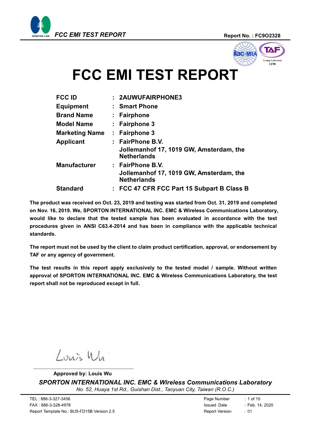 FCC EMI TEST REPORT Report No