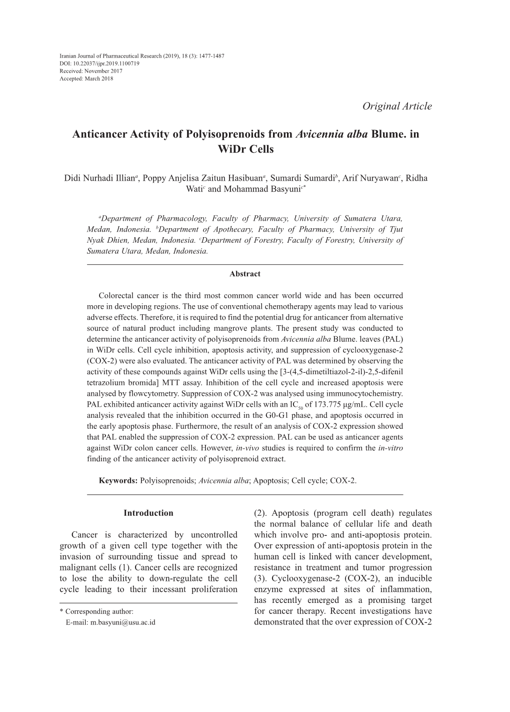 Anticancer Activity of Polyisoprenoids from Avicennia Alba Blume. in Widr Cells