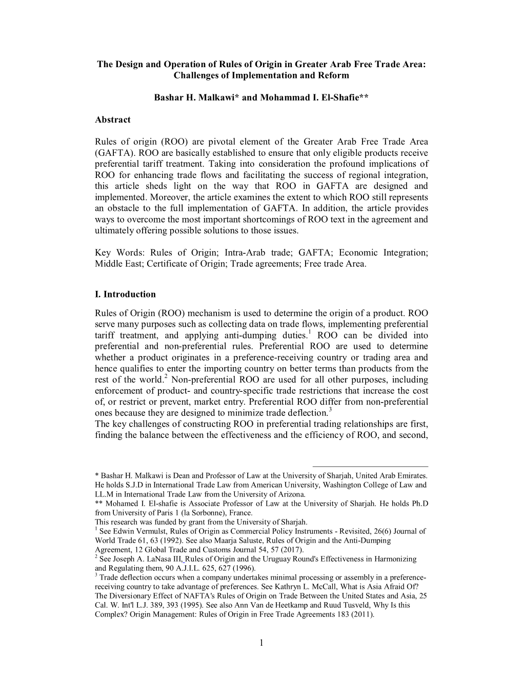 1 the Design and Operation of Rules of Origin in Greater Arab Free Trade Area