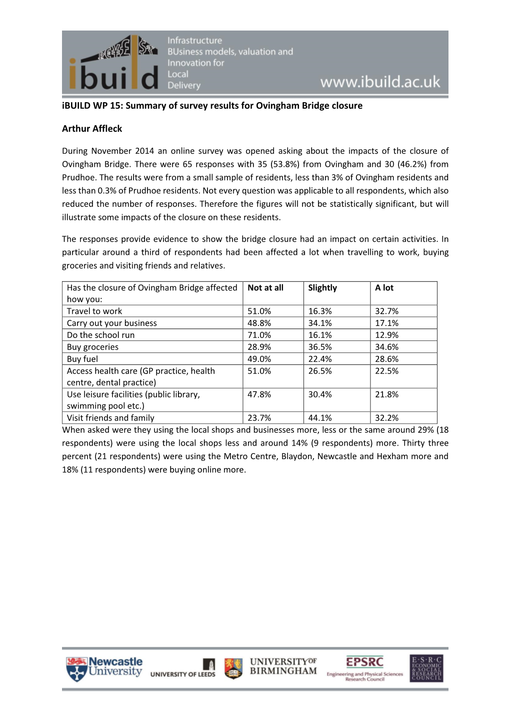 Ibuild WP 15: Summary of Survey Results for Ovingham Bridge Closure