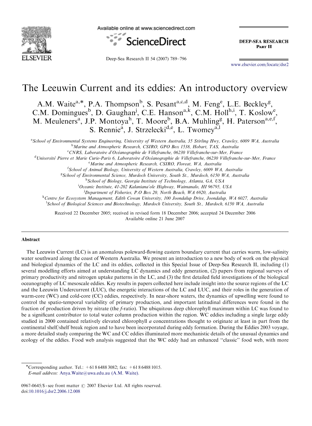 The Leeuwin Current and Its Eddies: an Introductory Overview