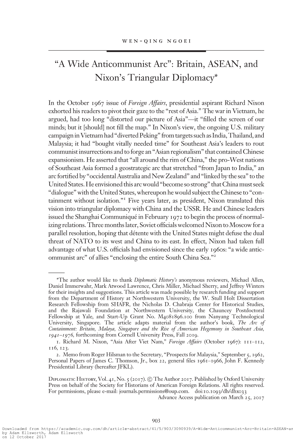 A Wide Anticommunist Arc”: Britain, ASEAN, and Nixon’S Triangular Diplomacy*