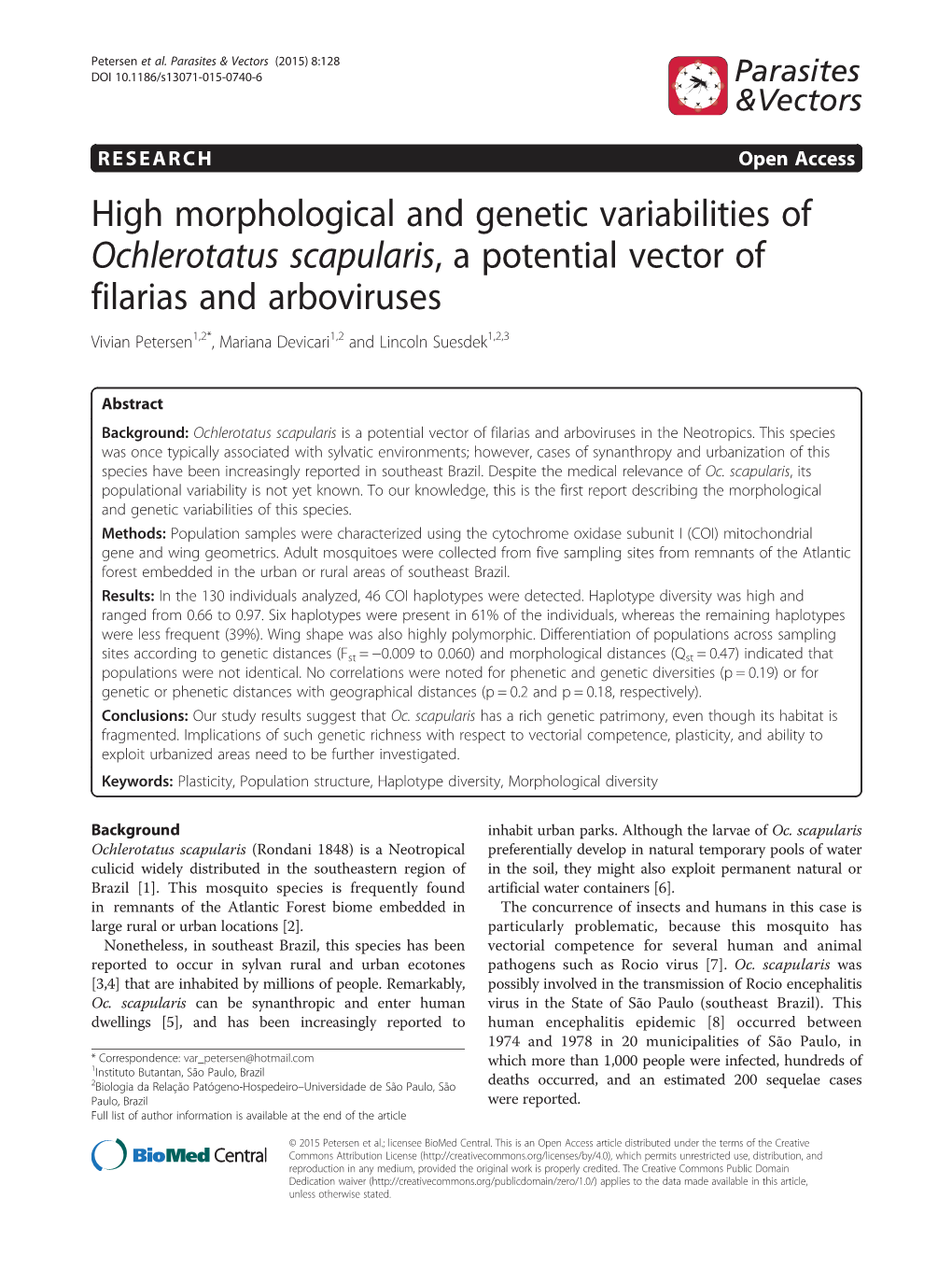High Morphological and Genetic Variabilities of Ochlerotatus Scapularis, a Potential Vector of Filarias and Arboviruses