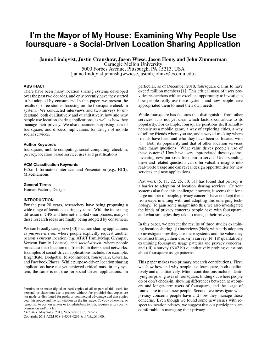 Examining Why People Use Foursquare - a Social-Driven Location Sharing Application