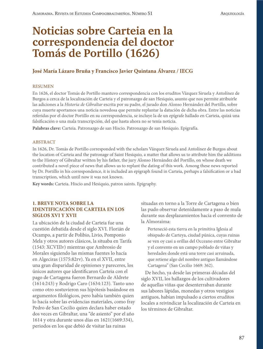 Noticias Sobre Carteia En La Correspondencia Del Doctor Tomás De Portillo (1626)