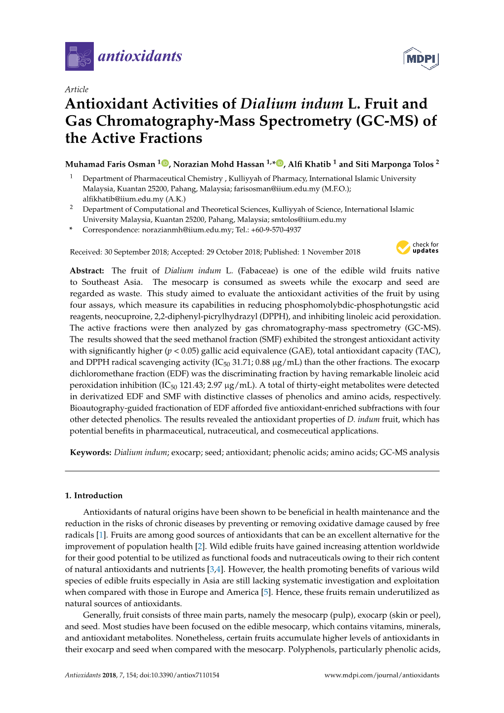 Antioxidant Activities of Dialium Indum L. Fruit and Gas Chromatography-Mass Spectrometry (GC-MS) of the Active Fractions