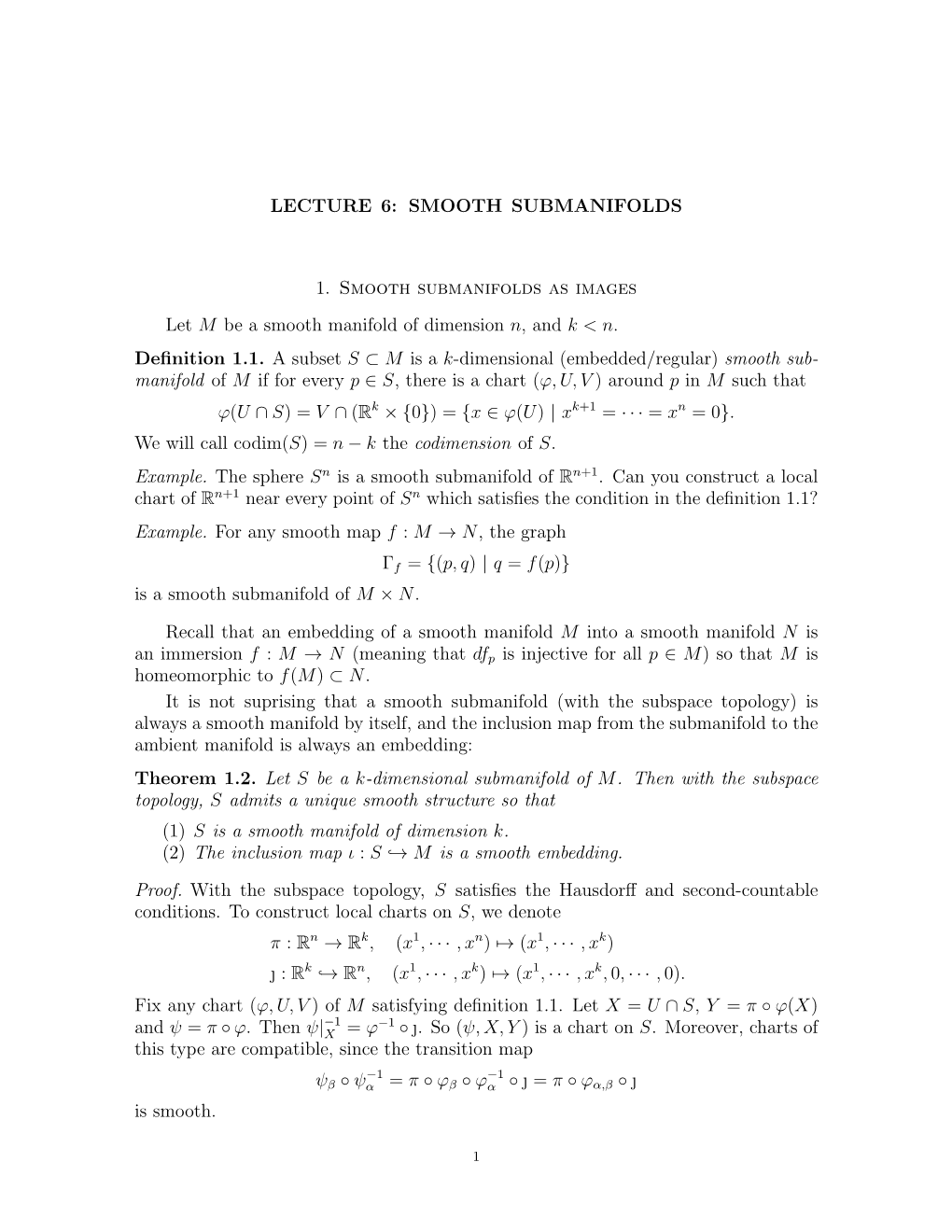 LECTURE 6: SMOOTH SUBMANIFOLDS 1. Smooth