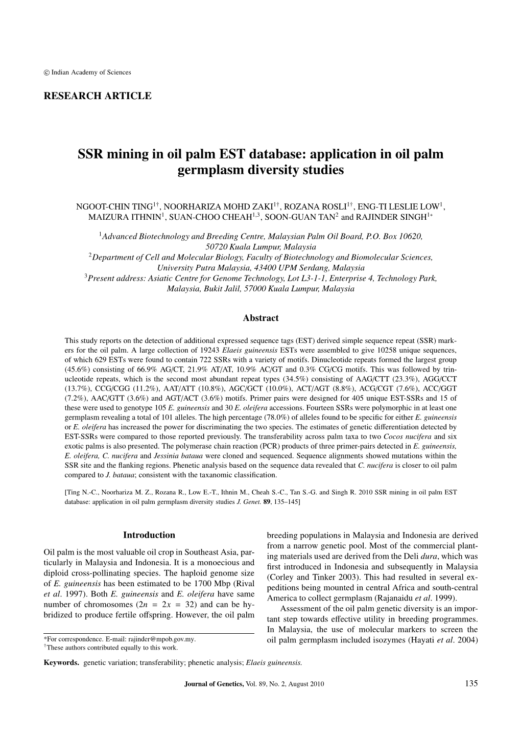 SSR Mining in Oil Palm EST Database: Application in Oil Palm Germplasm Diversity Studies