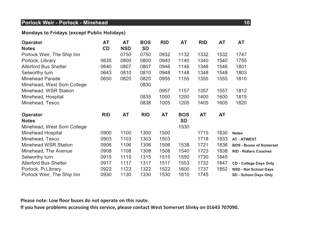 Porlock and Minehead Bus Timetable 10 and 11 Bus.Indd