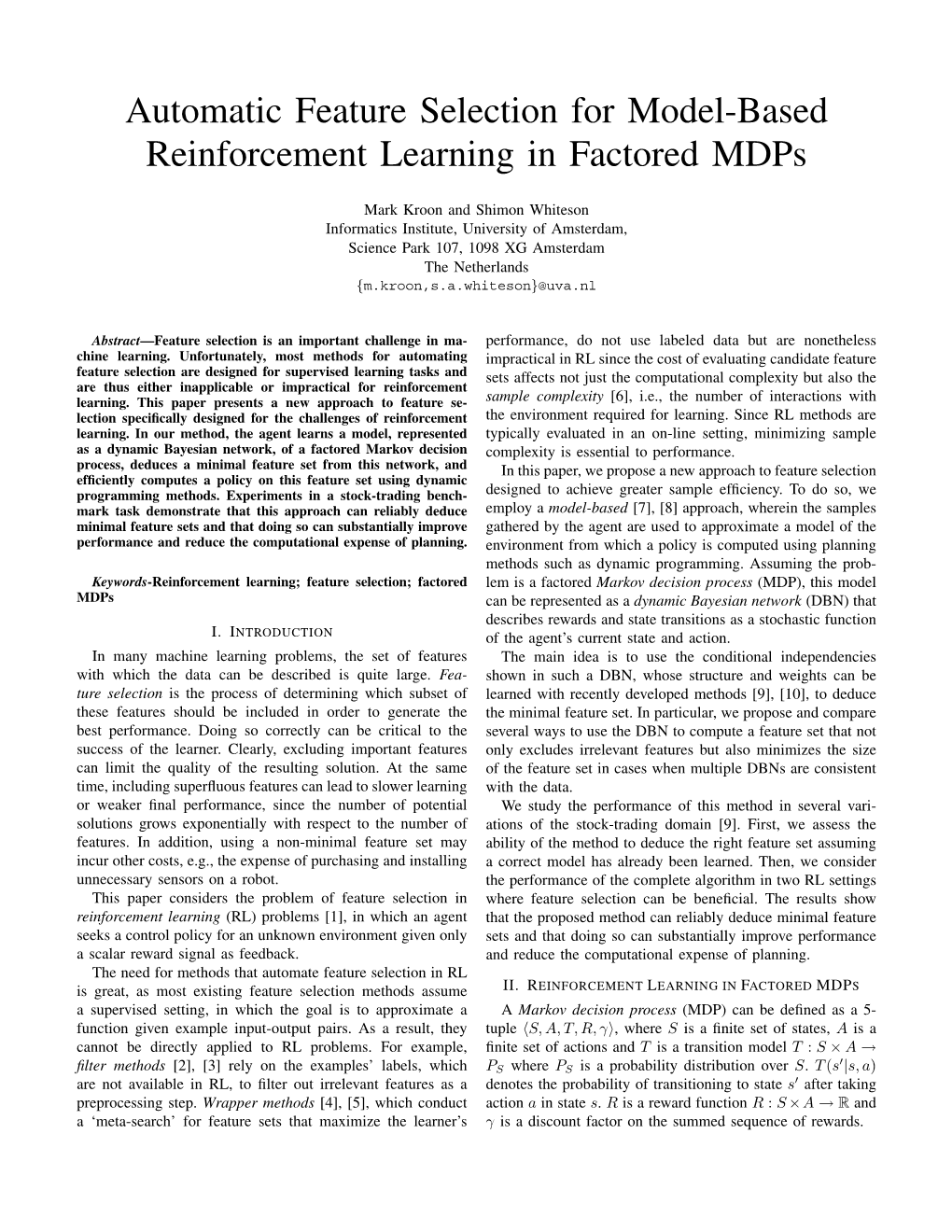 Automatic Feature Selection for Model-Based Reinforcement Learning in Factored Mdps