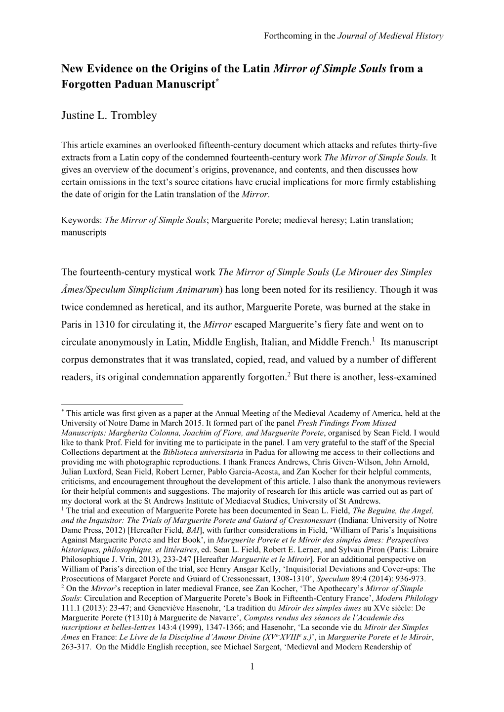 New Evidence on the Origins of the Latin Mirror of Simple Souls from a Forgotten Paduan Manuscript*