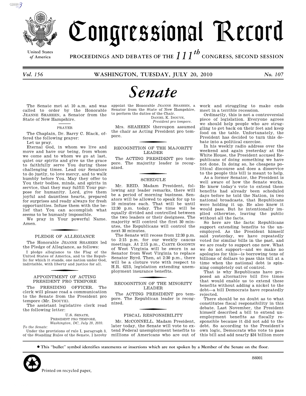 Congressional Record United States Th of America PROCEEDINGS and DEBATES of the 111 CONGRESS, SECOND SESSION