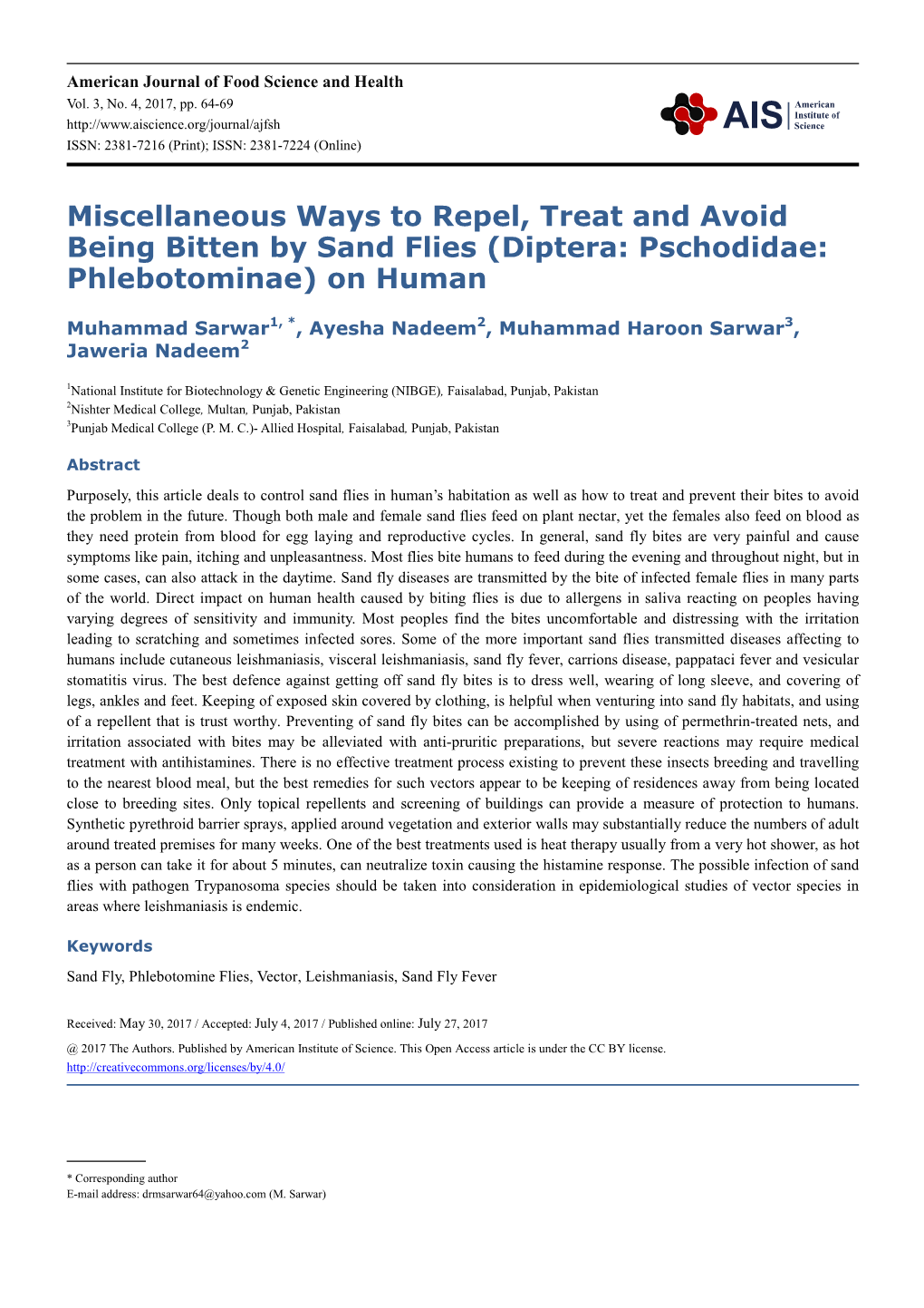 Miscellaneous Ways to Repel, Treat and Avoid Being Bitten by Sand Flies (Diptera: Pschodidae: Phlebotominae) on Human