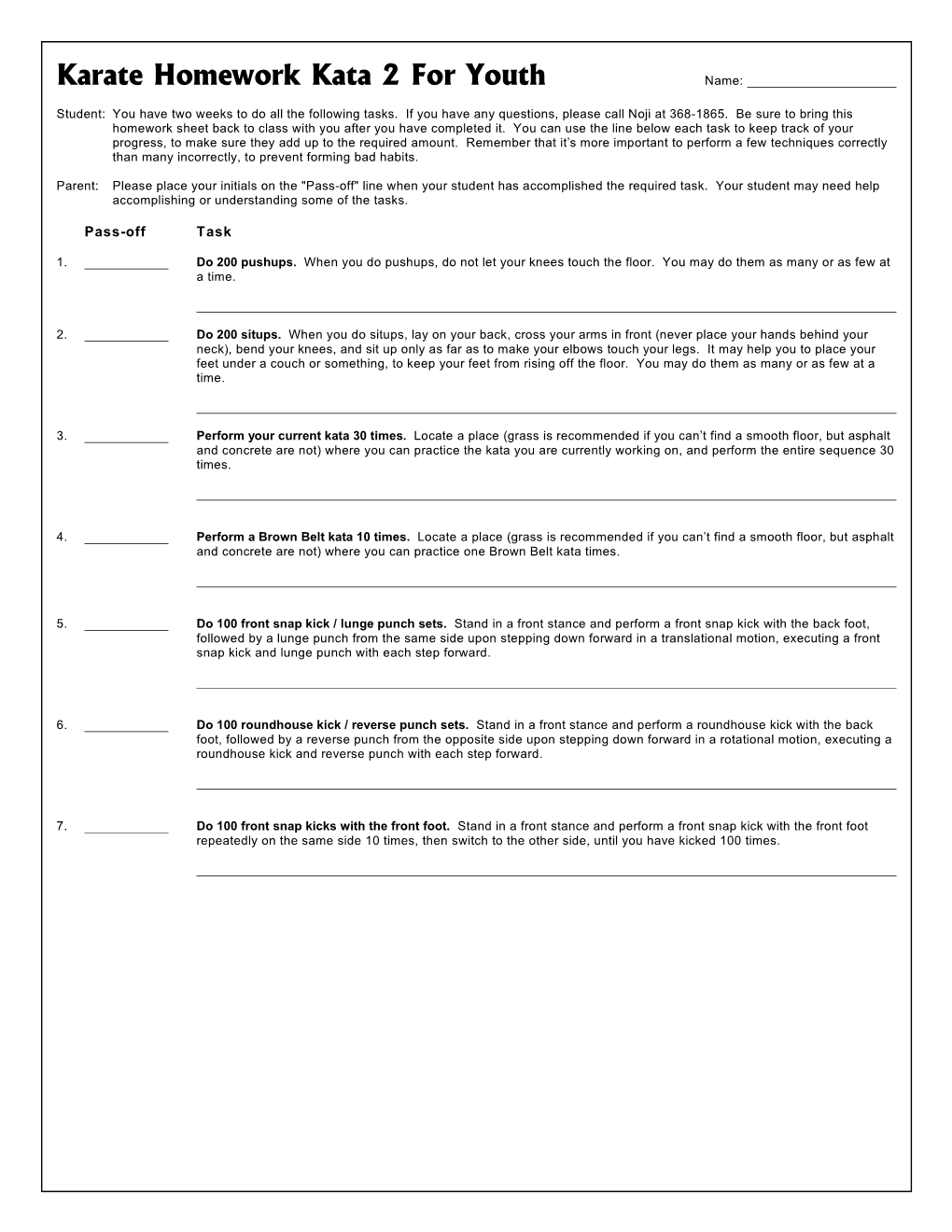 Karate Homework Kata 2 for Youth Name