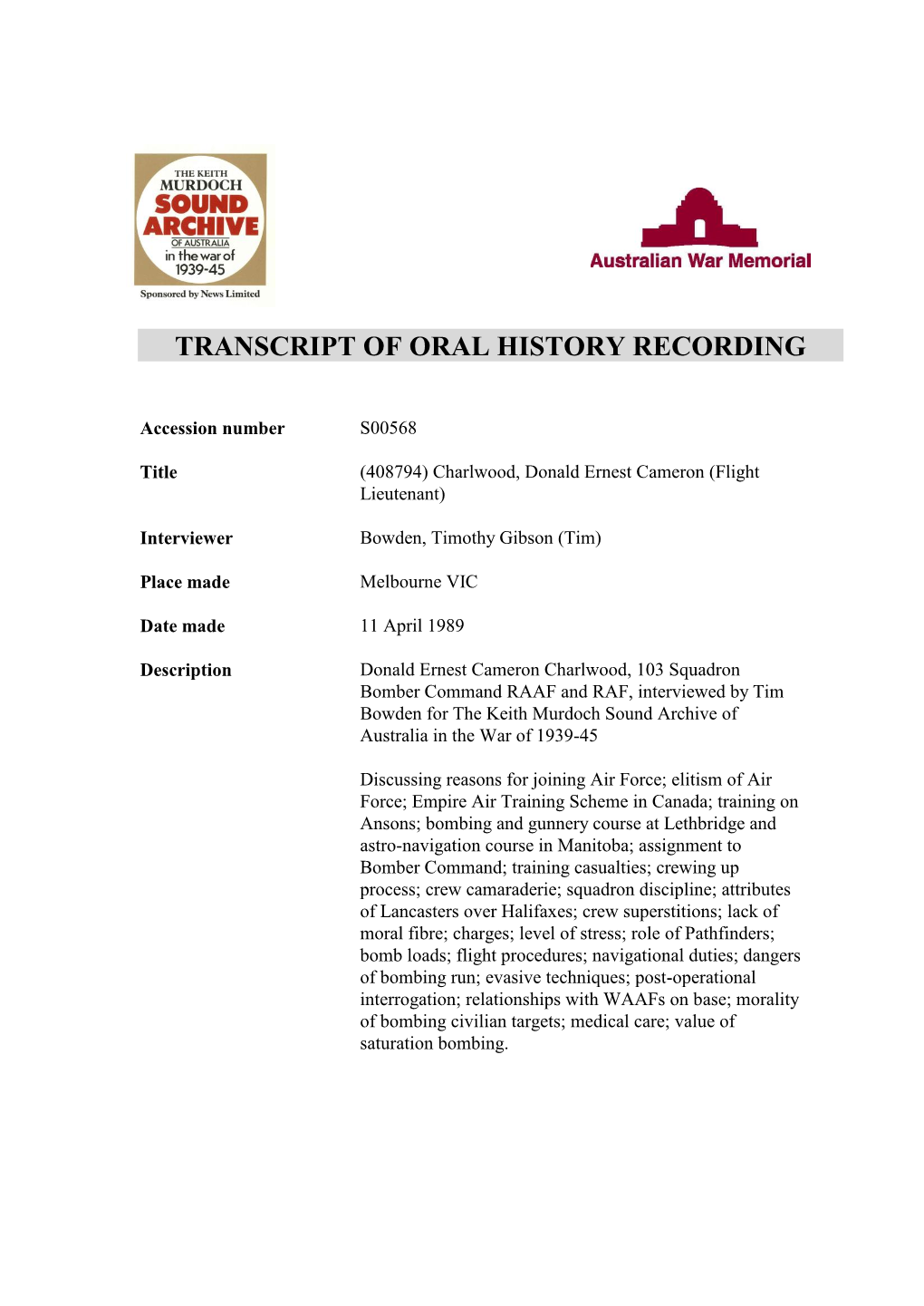 Transcript of Oral History Recording