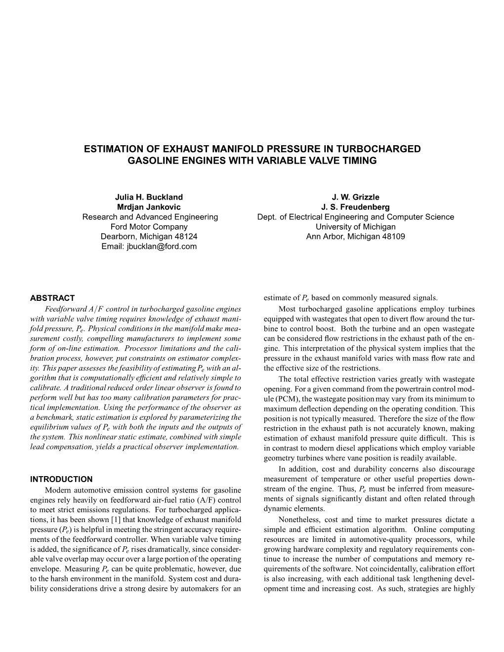 Estimation of Exhaust Manifold Pressure in Turbocharged Gasoline Engines with Variable Valve Timing