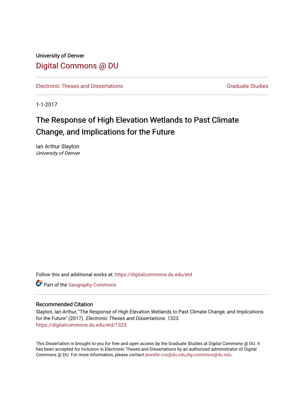 The Response of High Elevation Wetlands to Past Climate Change, and Implications for the Future