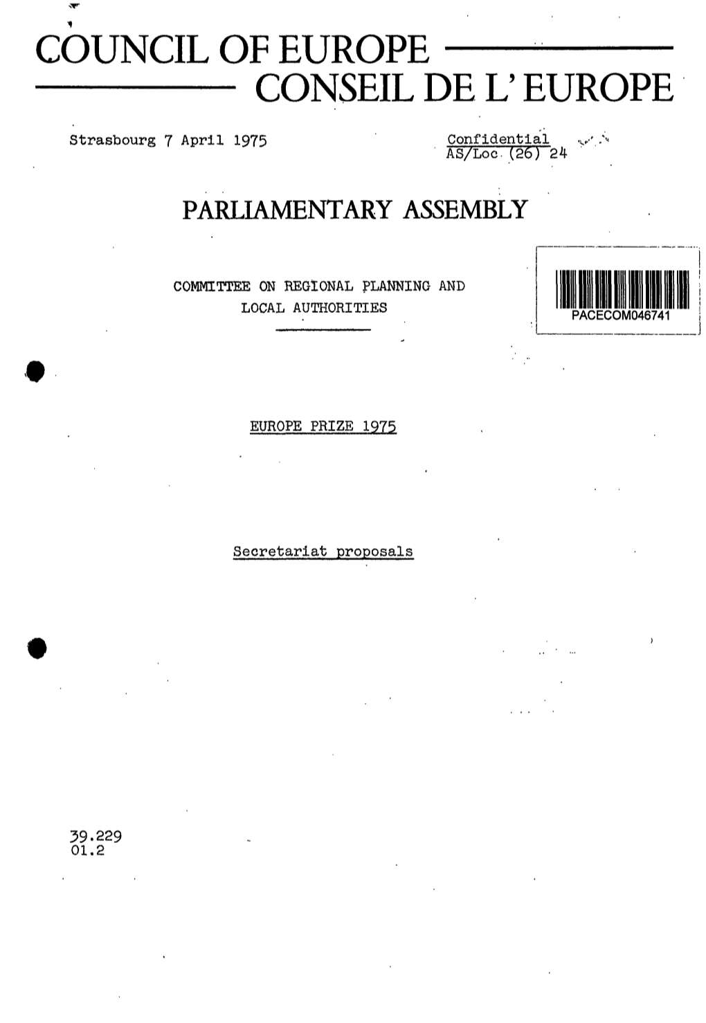 Europe Prize 1975 : Secretariat Proposals