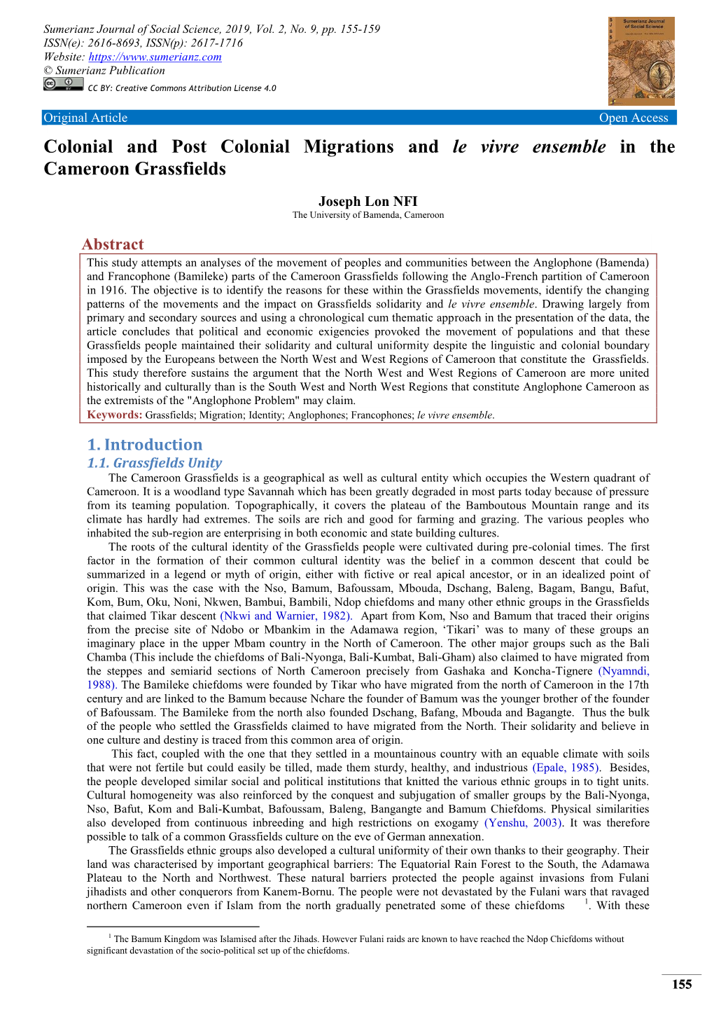 Colonial and Post Colonial Migrations and Le Vivre Ensemble in the Cameroon Grassfields