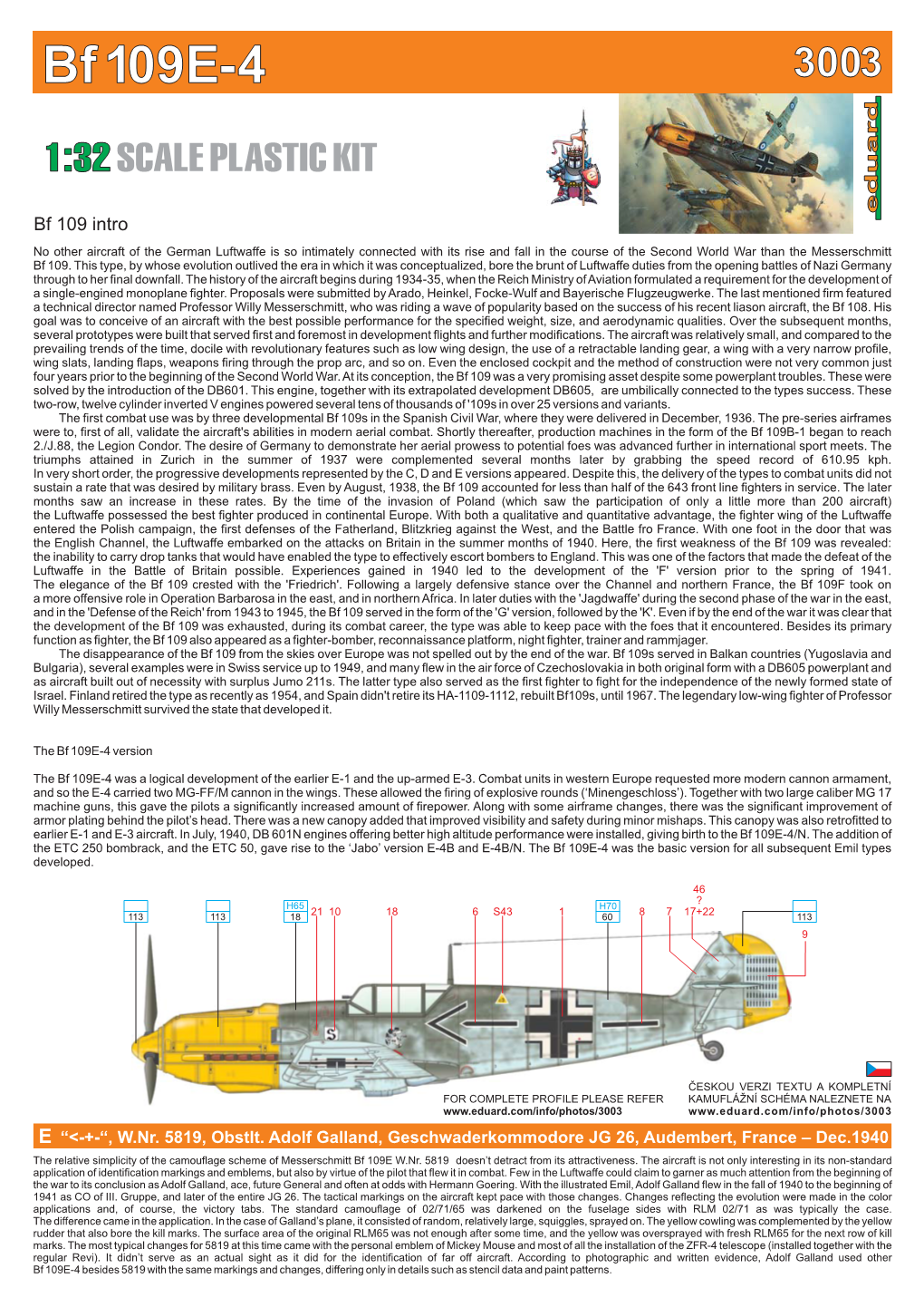 Bf109e-4 3003 1:32SCALEPLASTICKIT