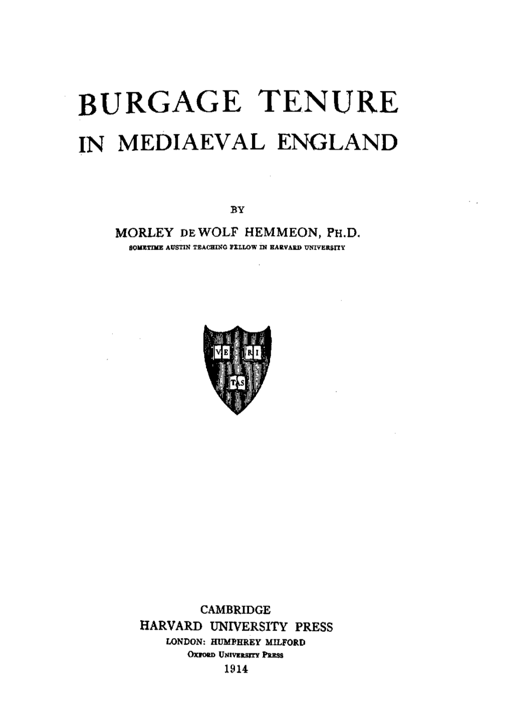 Burgage Tenure in Mediaeval England