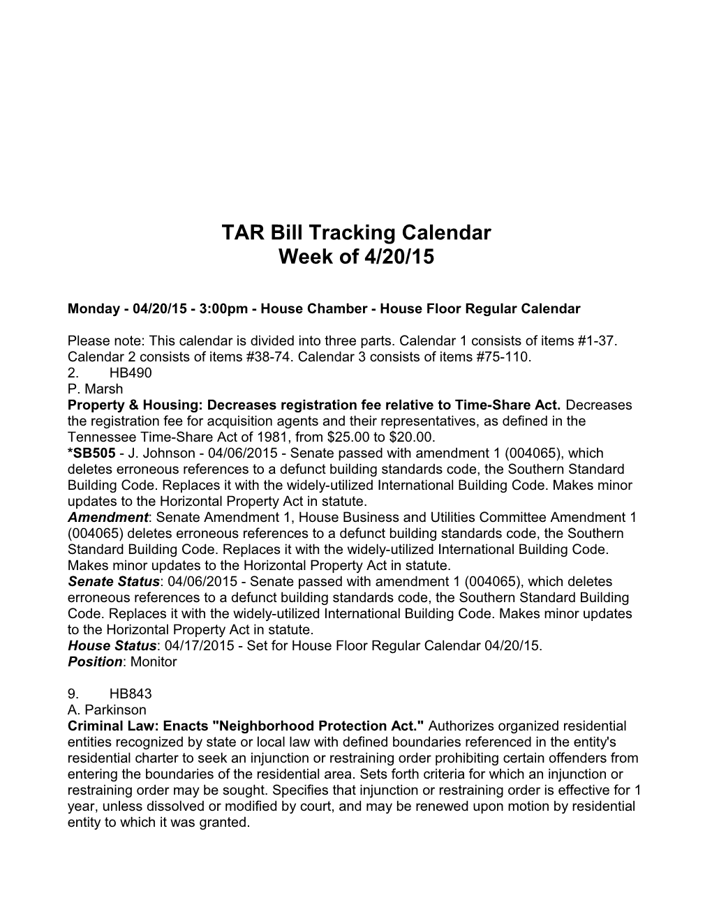 TAR Bill Tracking Calendar