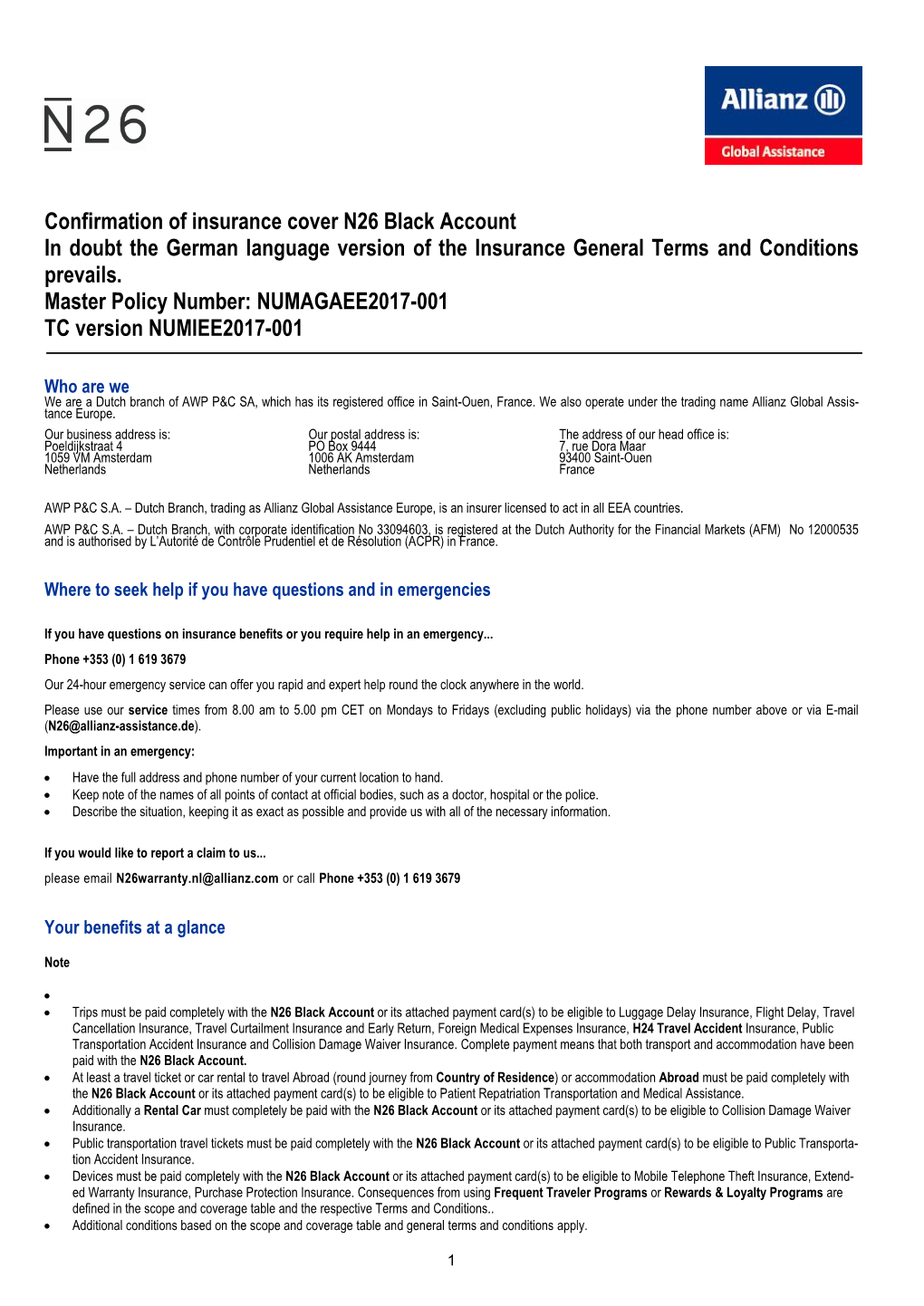 Confirmation of Insurance Cover N26 Black Account in Doubt the German Language Version of the Insurance General Terms and Conditions Prevails