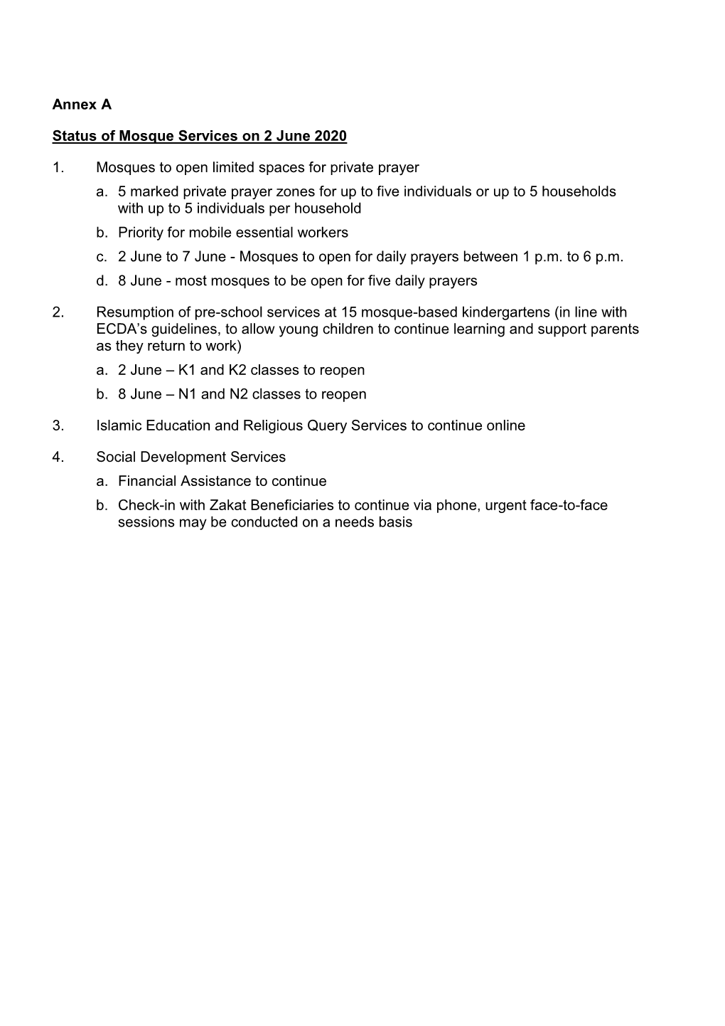 Annex a Status of Mosque Services on 2 June 2020 1. Mosques to Open