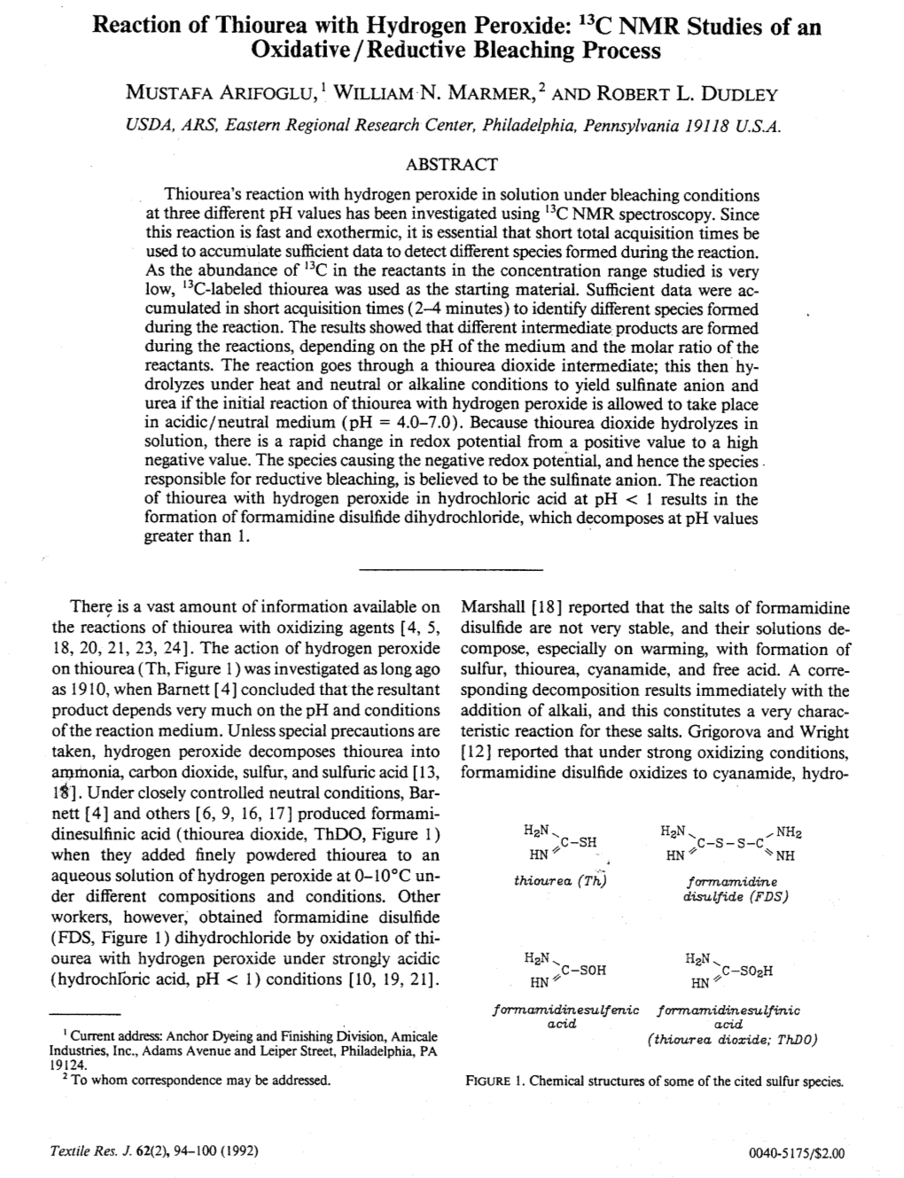 Reaction of Thiourea with Hydrogen Peroxide: 13C NMR Studies of an Oxidative /Reductive Bleaching Process