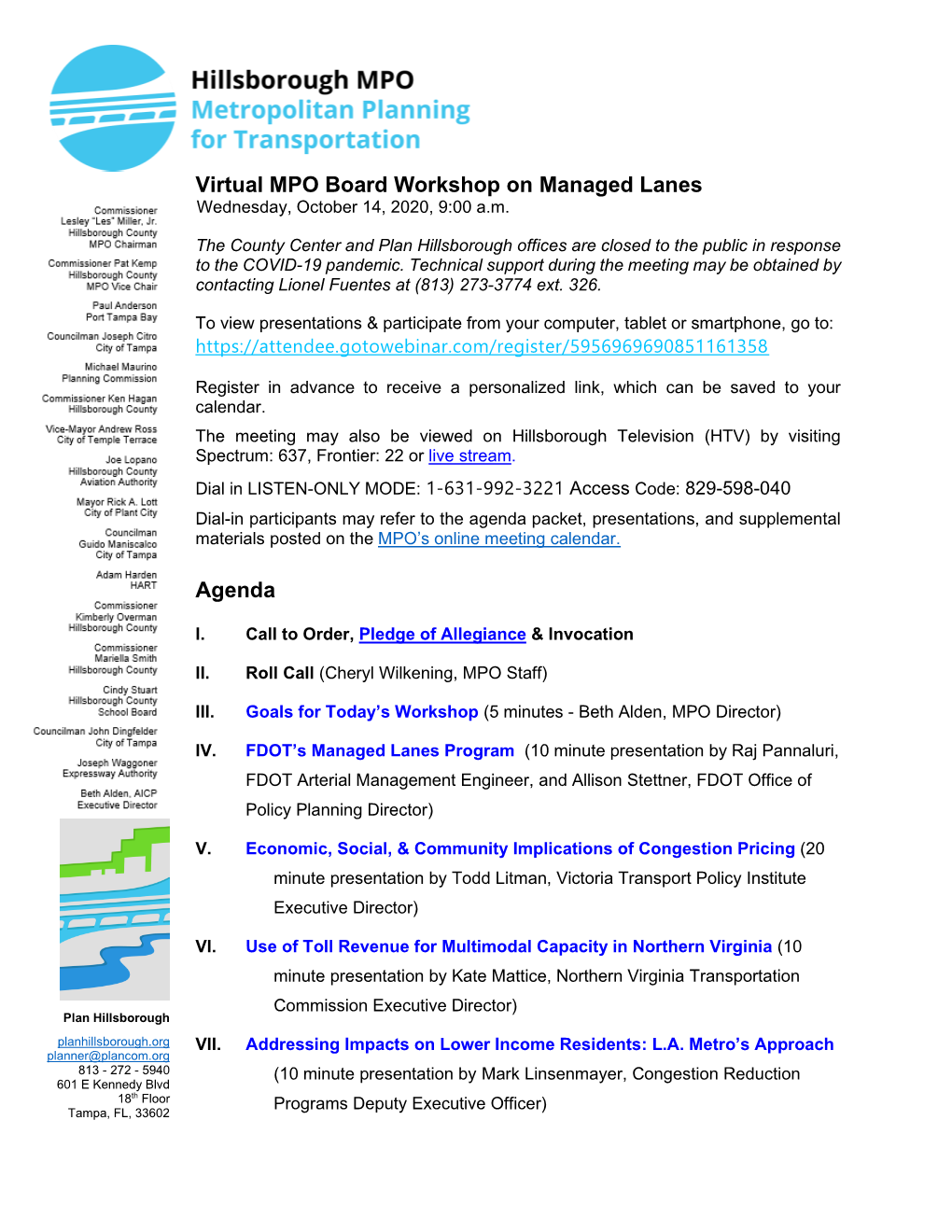 Virtual MPO Board Workshop on Managed Lanes Agenda