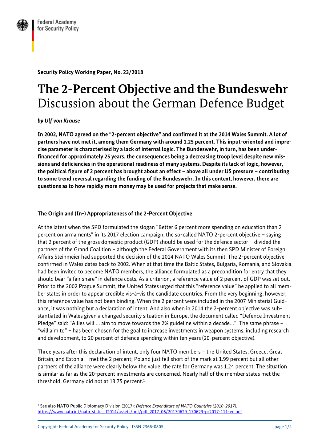 The 2-Percent Objective and the Bundeswehr Discussion About the German Defence Budget by Ulf Von Krause