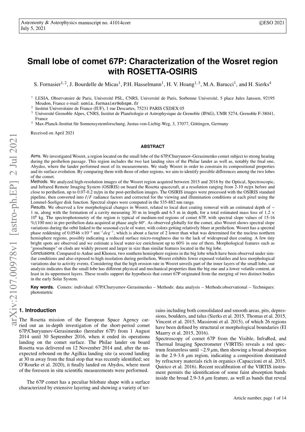 Small Lobe of Comet 67P: Characterization of the Wosret Region with ROSETTA-OSIRIS S
