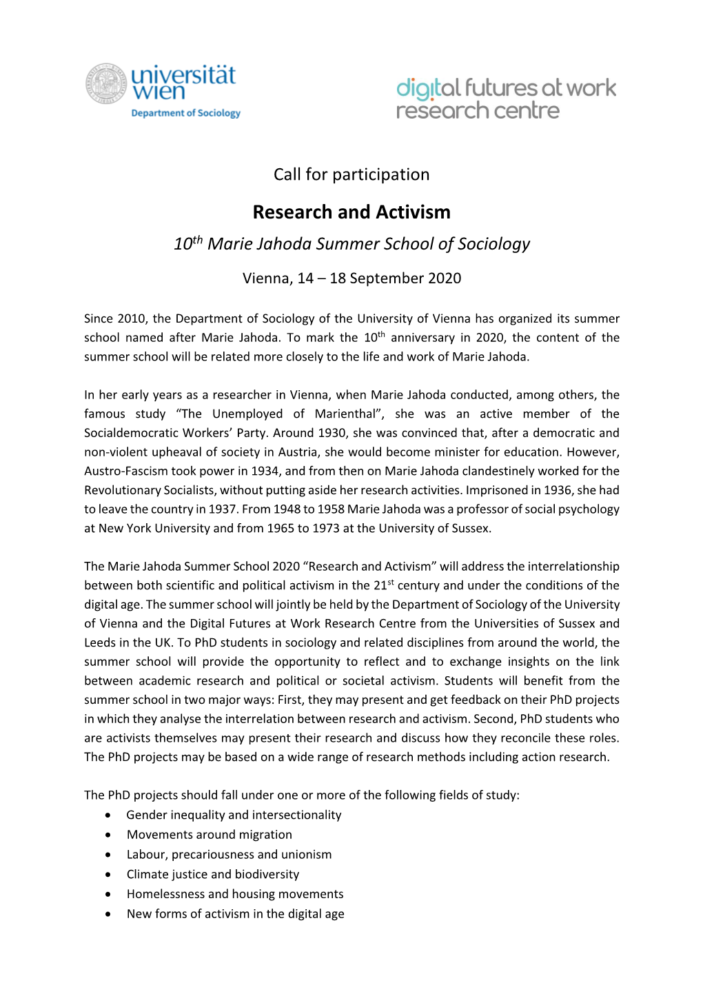 Research and Activism 10Th Marie Jahoda Summer School of Sociology