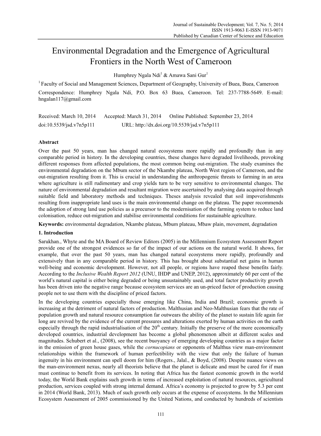 Environmental Degradation and the Emergence of Agricultural Frontiers in the North West of Cameroon