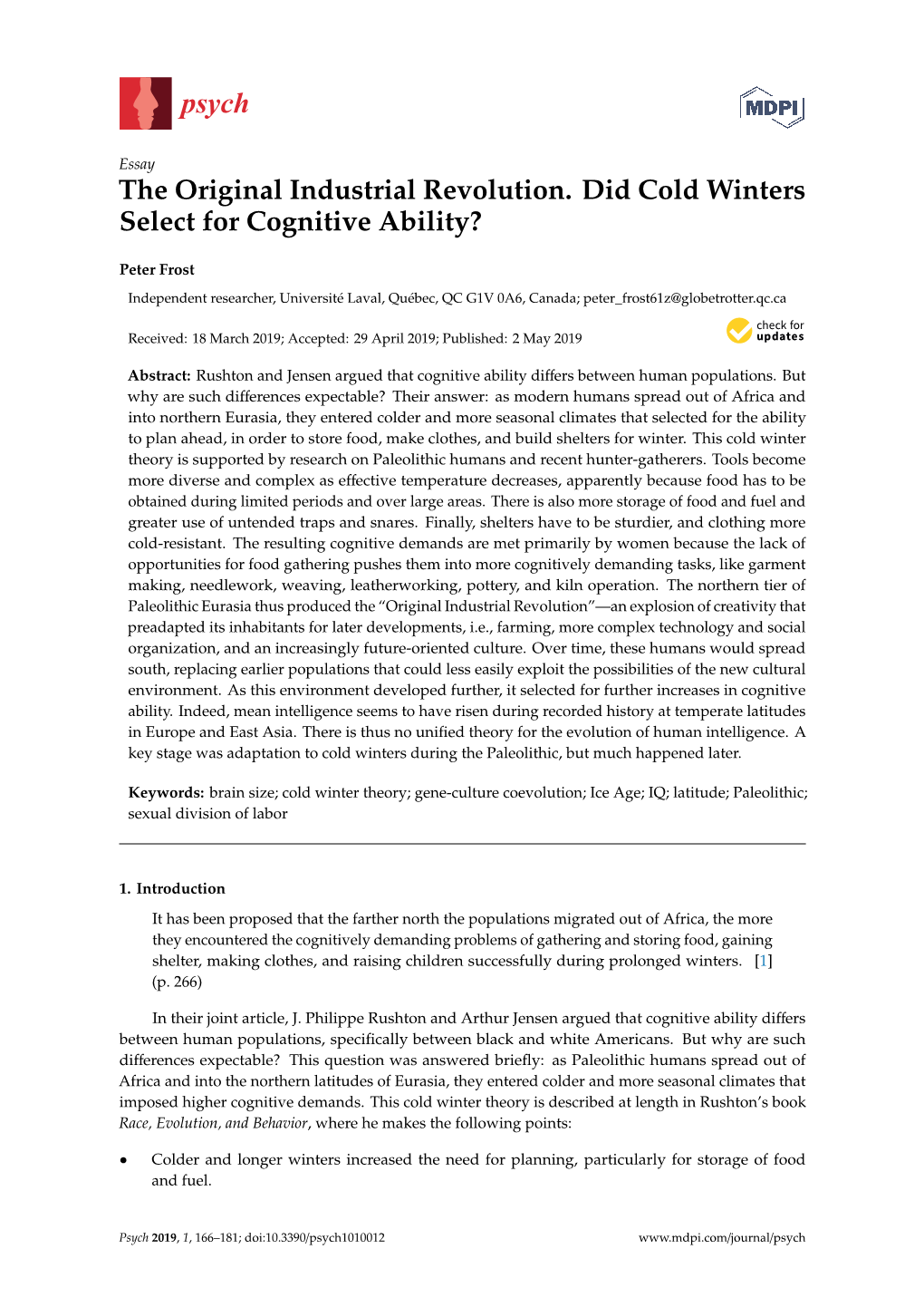 The Original Industrial Revolution. Did Cold Winters Select for Cognitive Ability?