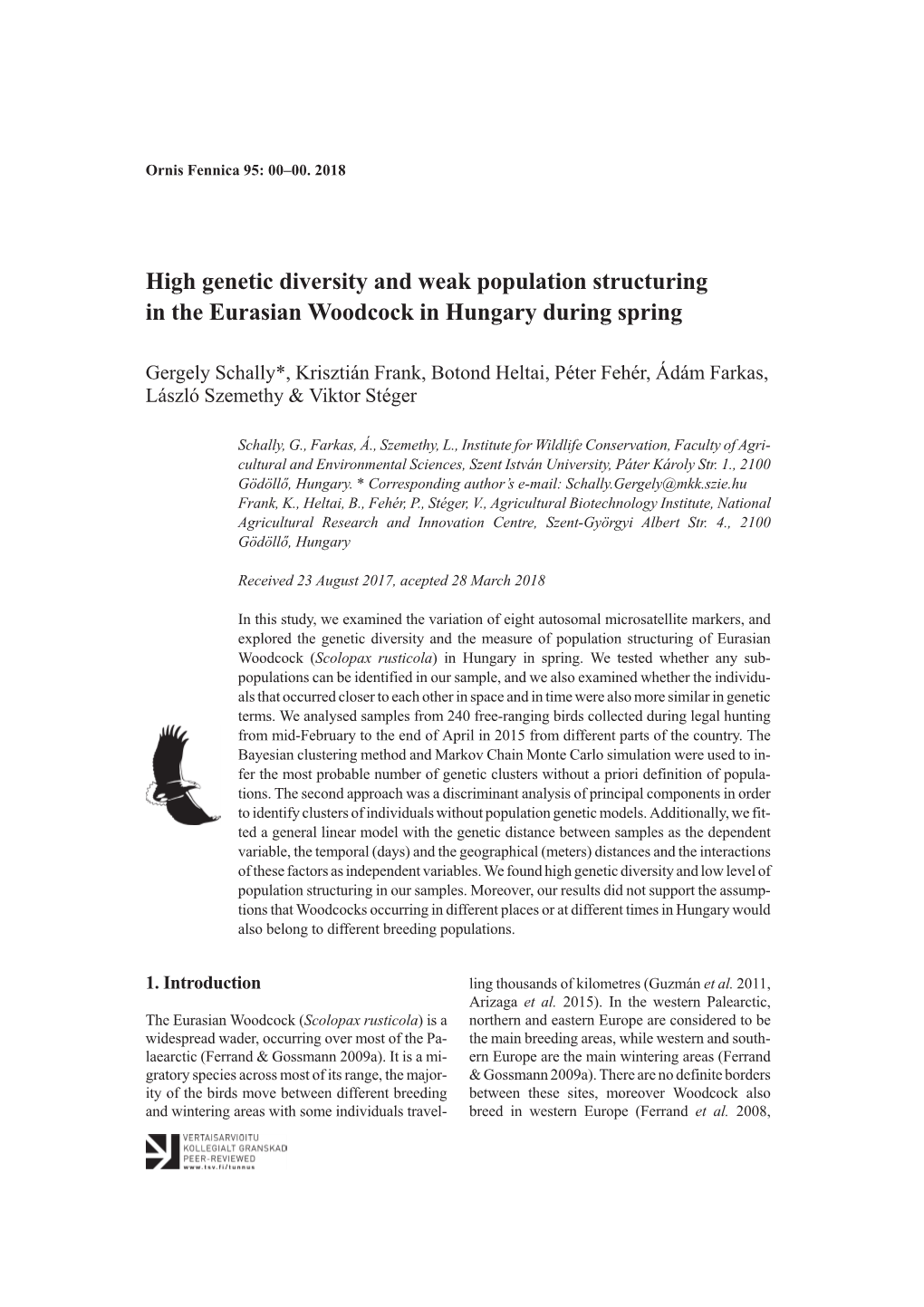 High Genetic Diversity and Weak Population Structuring in the Eurasian Woodcock in Hungary During Spring