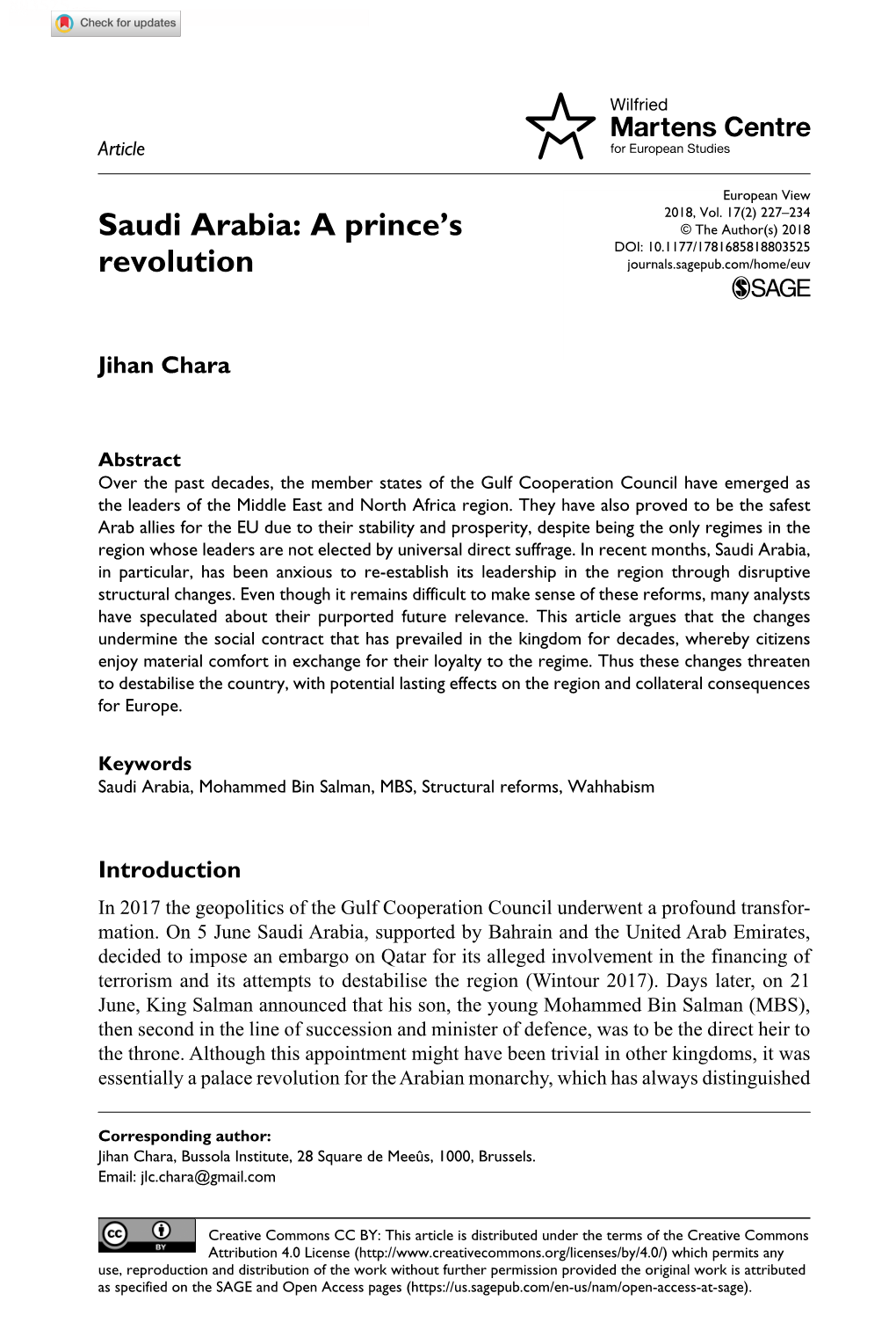 Saudi Arabia: a Prince’S © the Author(S) 2018 10.1177/1781685818803525 Revolution Journals.Sagepub.Com/Home/Euv