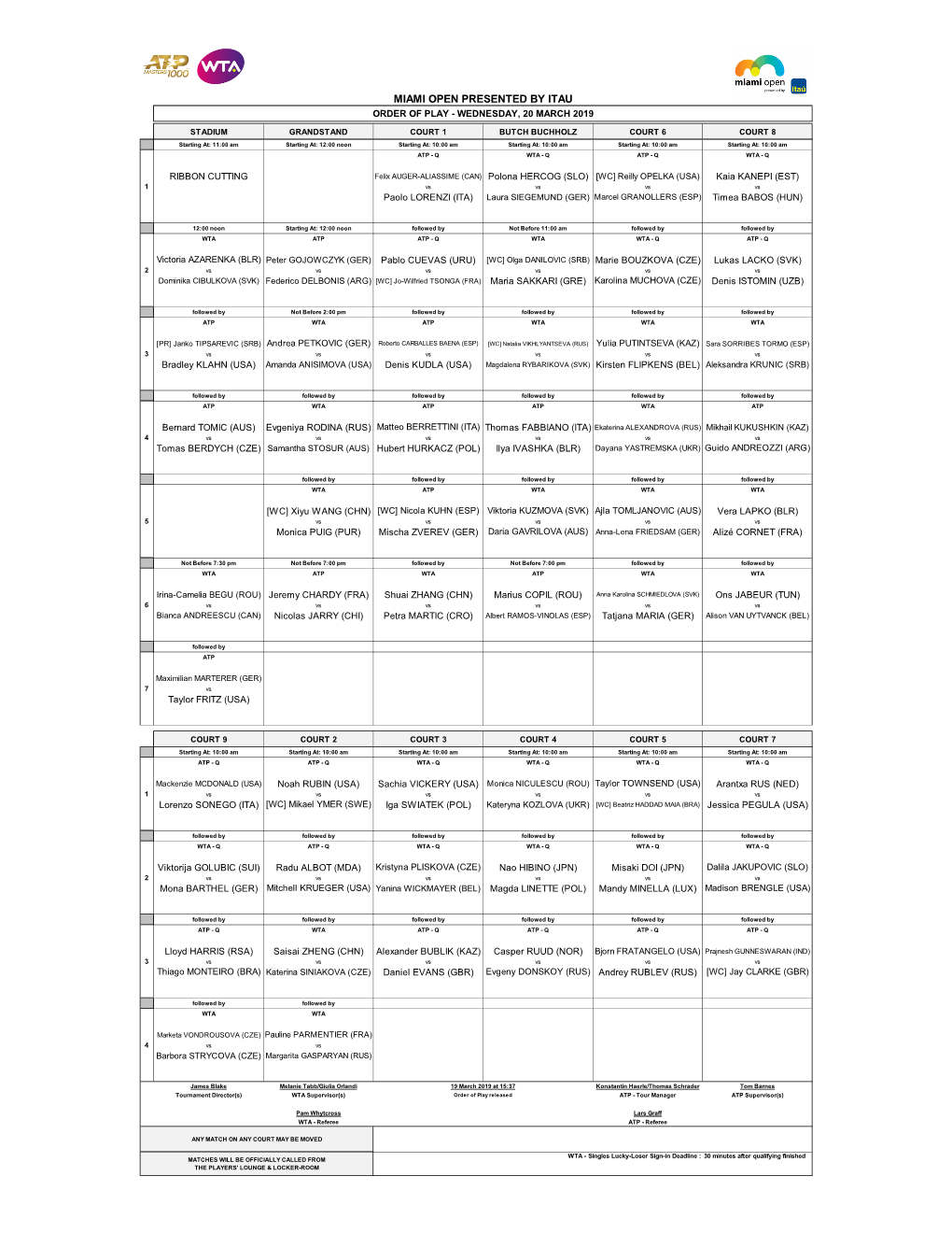 Miami Open Presented by Itau Order of Play - Wednesday, 20 March 2019