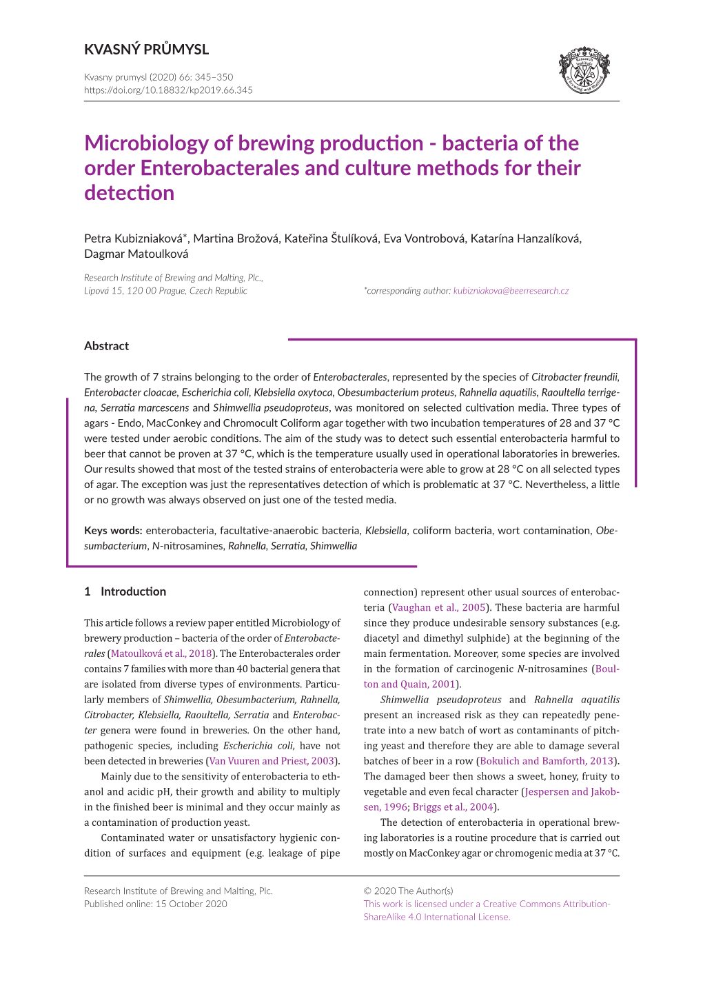 Microbiology of Brewing Production - Bacteria of the Order Enterobacterales and Culture Methods for Their Detection