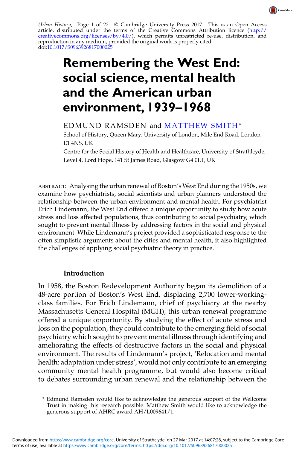 Remembering the West End: Social Science, Mental Health and the American Urban Environment, 1939–1968