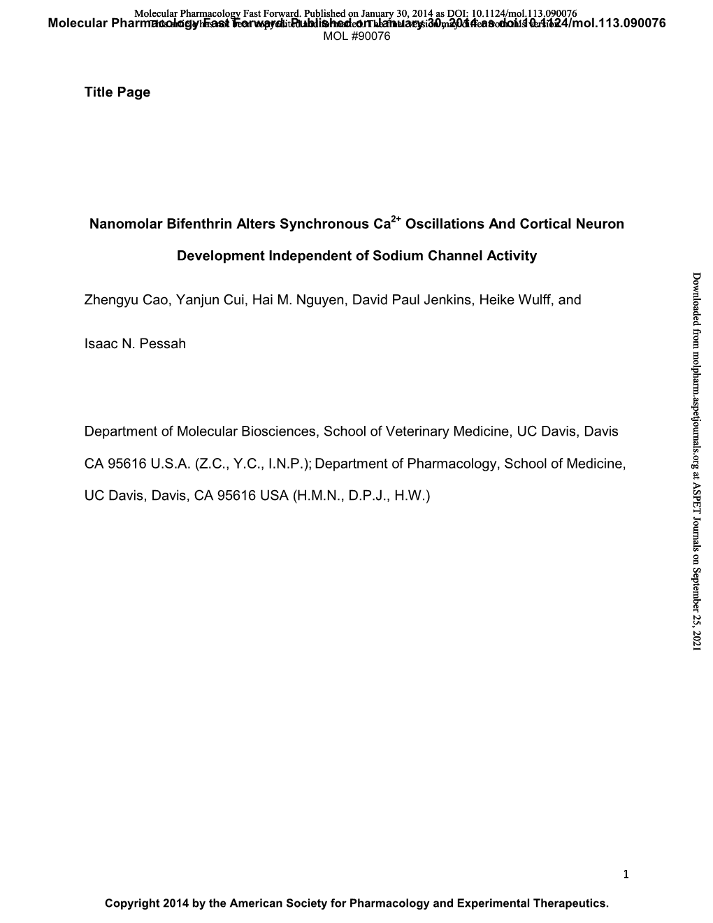 Title Page Nanomolar Bifenthrin Alters Synchronous Ca2+ Oscillations