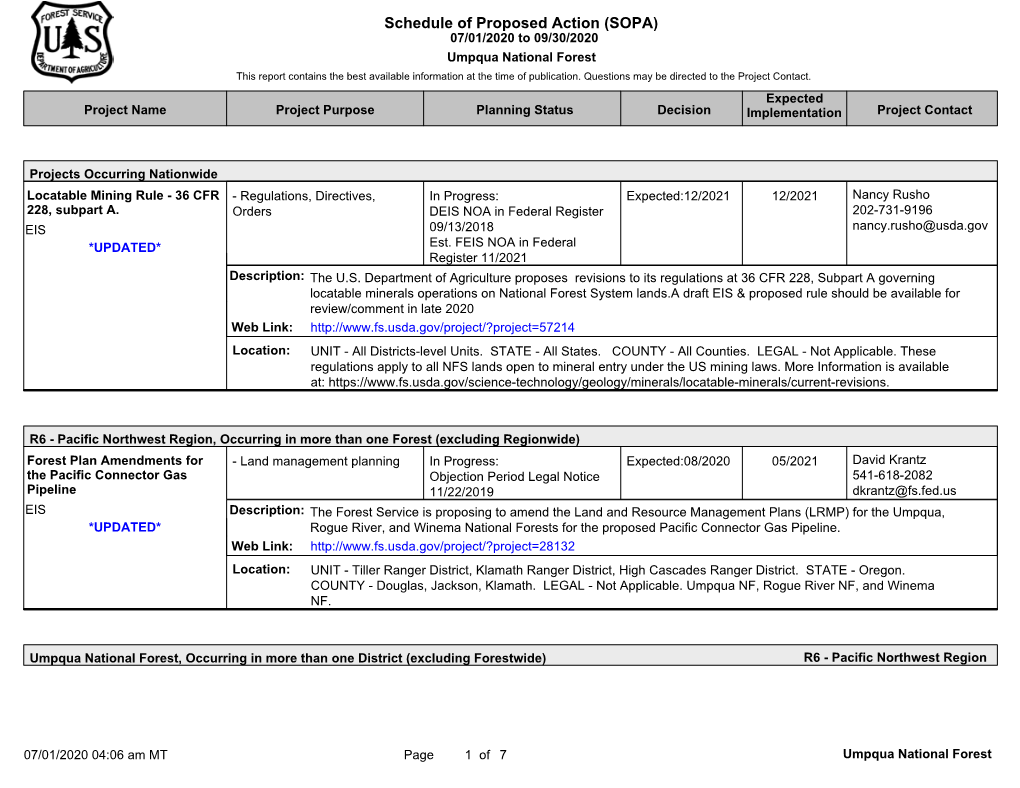 Schedule of Proposed Action (SOPA) 07/01/2020 to 09/30/2020 Umpqua National Forest This Report Contains the Best Available Information at the Time of Publication