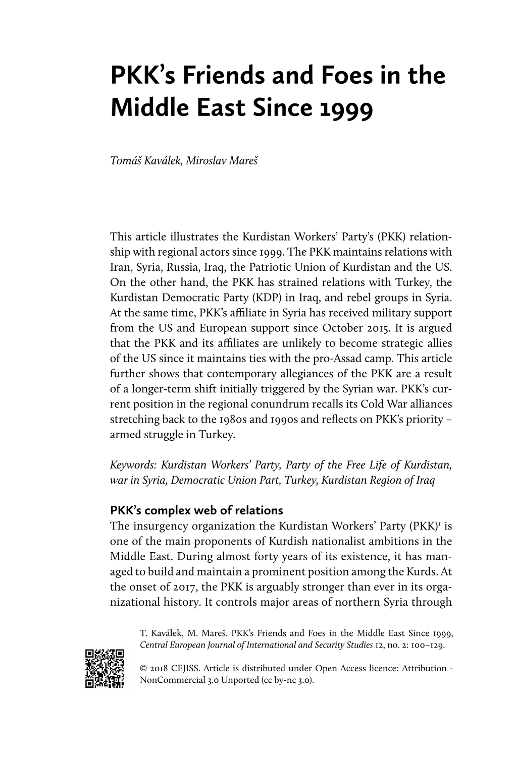 PKK's Friends and Foes in the Middle East Since 1999